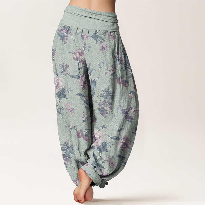 Buddha Stones Pure Cotton Casual Pink Flowers Pattern Women's Elastic Waist Harem Pants