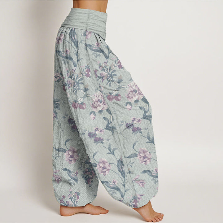 Buddha Stones Pure Cotton Casual Pink Flowers Pattern Women's Elastic Waist Harem Pants
