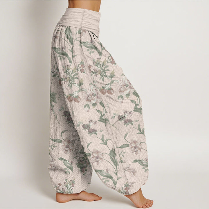 Buddha Stones Pure Cotton Casual Pink Flowers Pattern Women's Elastic Waist Harem Pants