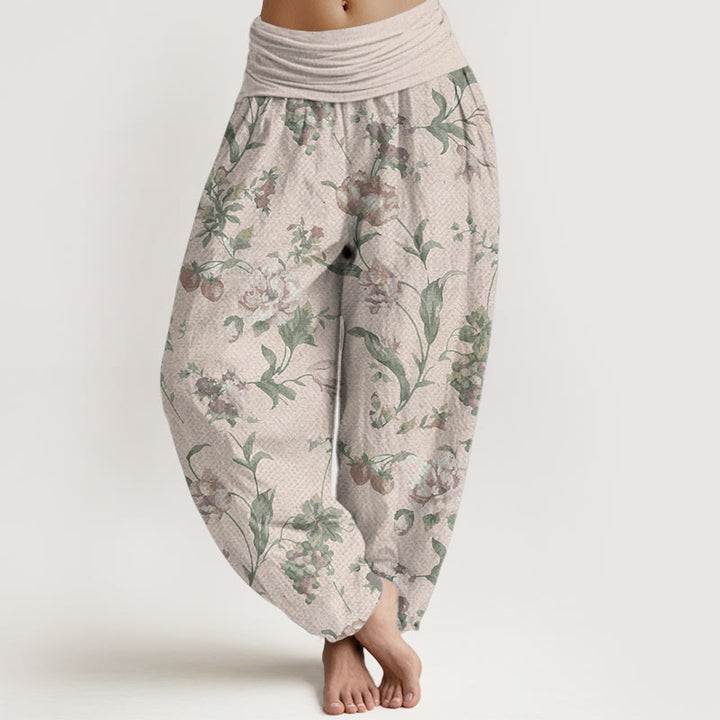 Buddha Stones Pure Cotton Casual Pink Flowers Pattern Women's Elastic Waist Harem Pants