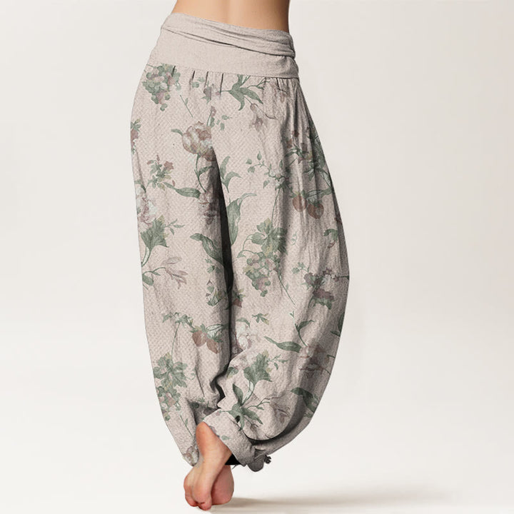 Buddha Stones Pure Cotton Casual Pink Flowers Pattern Women's Elastic Waist Harem Pants