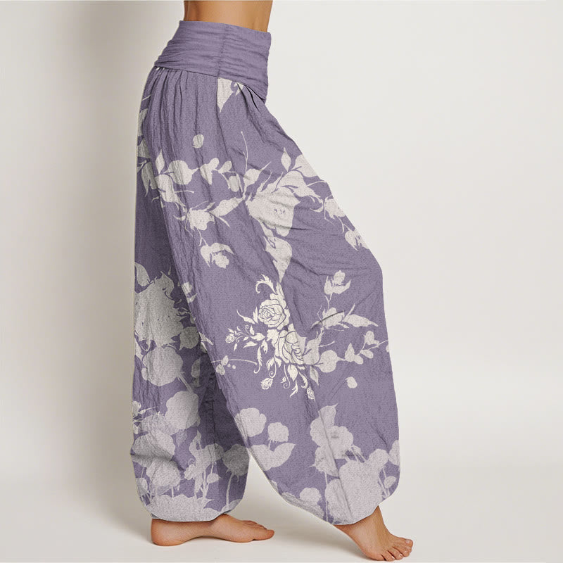 Buddha Stones Pure Cotton Blooming Budding Flowers Pattern Women's Elastic Waist Harem Pants