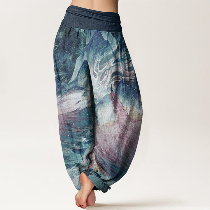 Buddha Stones Pure Cotton Mythical Creature Pattern Women's Elastic Waist Harem Pants