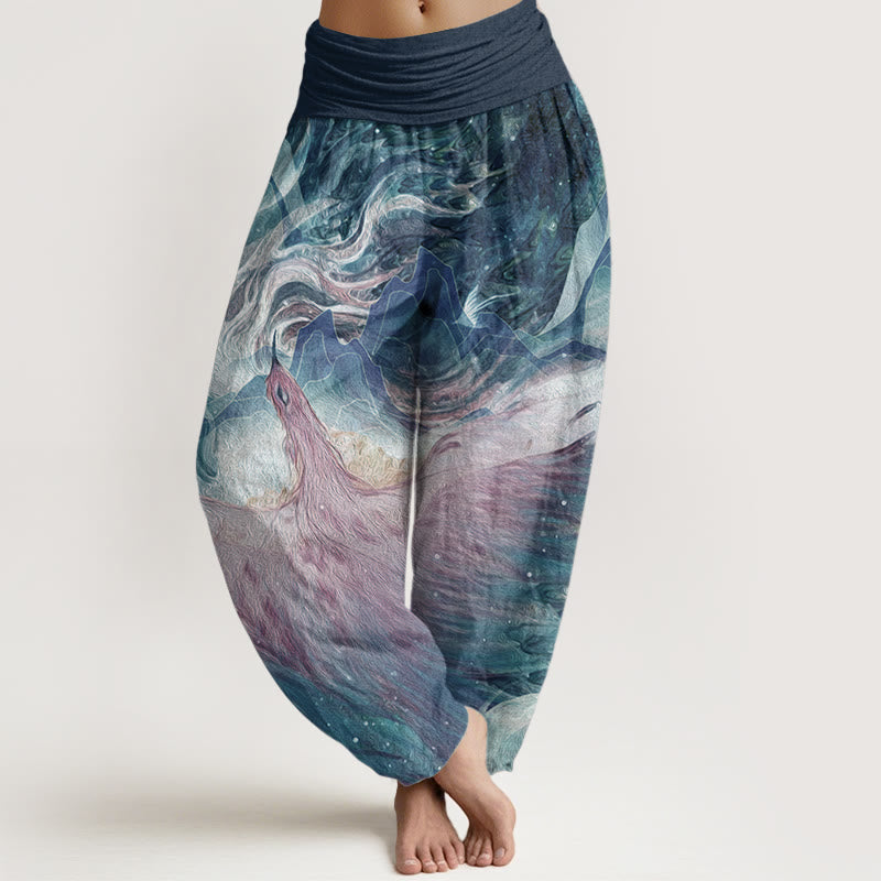 Buddha Stones Pure Cotton Mythical Creature Pattern Women's Elastic Waist Harem Pants - SteelBlue - US22，UK/AU26，EU54 (6XL) - image 0