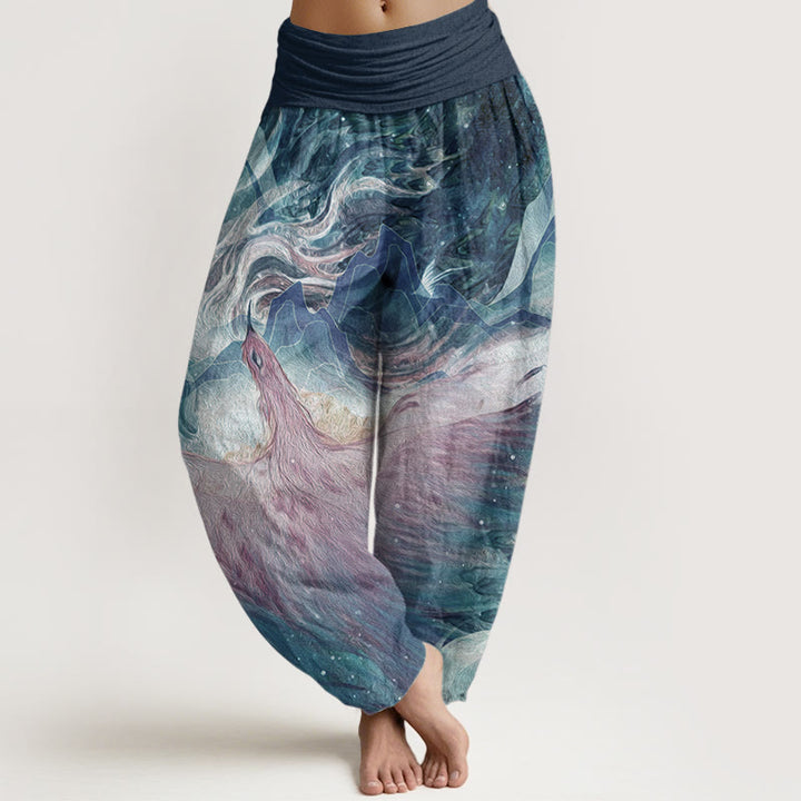 Buddha Stones Pure Cotton Mythical Creature Pattern Women's Elastic Waist Harem Pants - SteelBlue - US22，UK/AU26，EU54 (6XL) - image 0