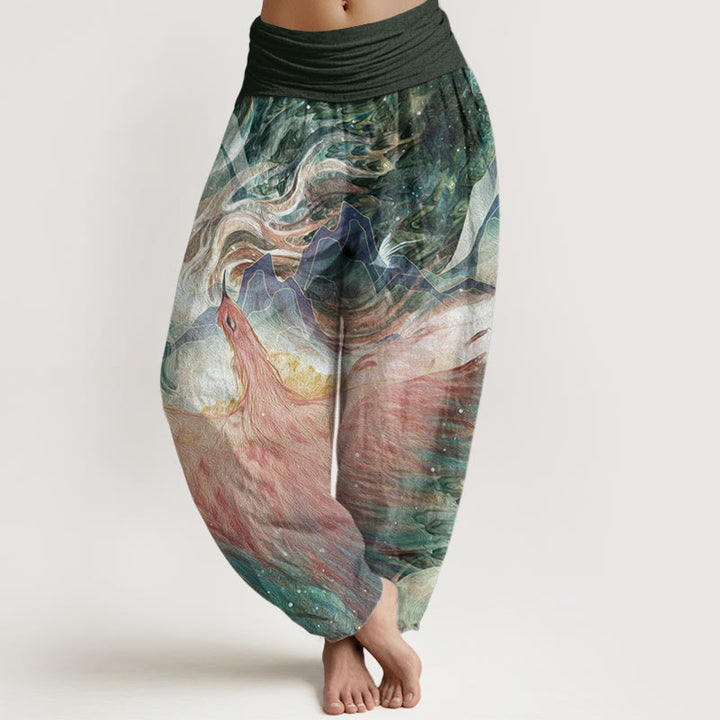 Buddha Stones Pure Cotton Mythical Creature Pattern Women's Elastic Waist Harem Pants