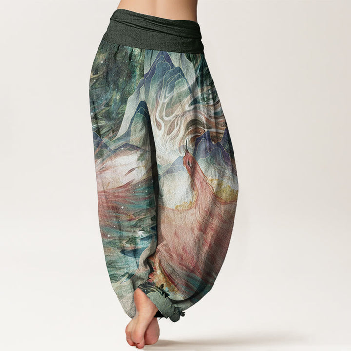 Buddha Stones Pure Cotton Mythical Creature Pattern Women's Elastic Waist Harem Pants