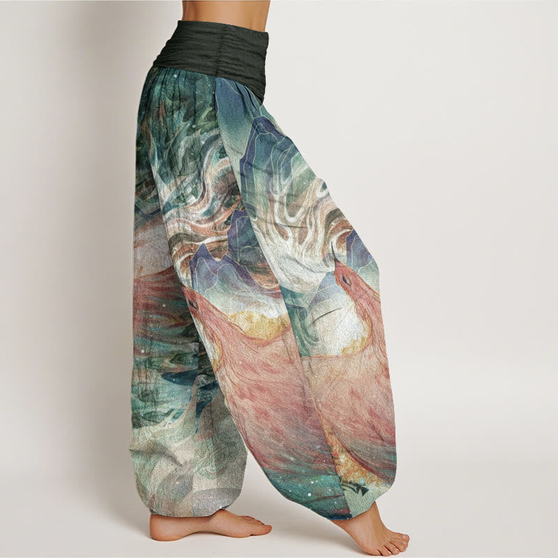 Buddha Stones Pure Cotton Mythical Creature Pattern Women's Elastic Waist Harem Pants