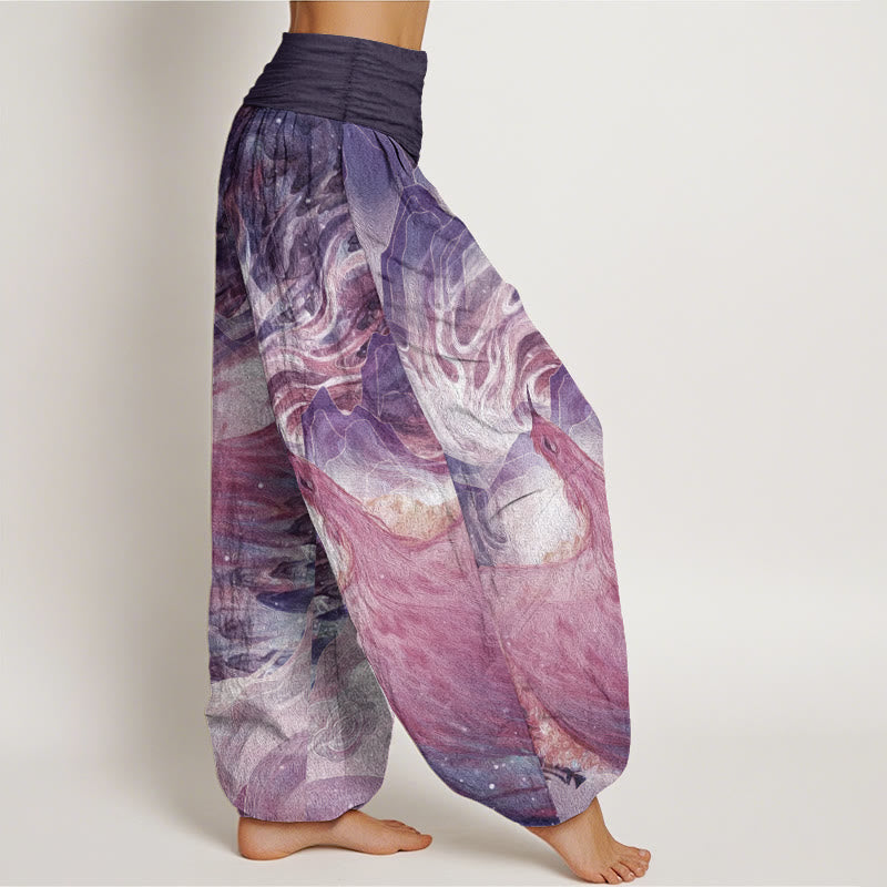 Buddha Stones Pure Cotton Mythical Creature Pattern Women's Elastic Waist Harem Pants