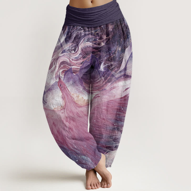 Buddha Stones Pure Cotton Mythical Creature Pattern Women's Elastic Waist Harem Pants