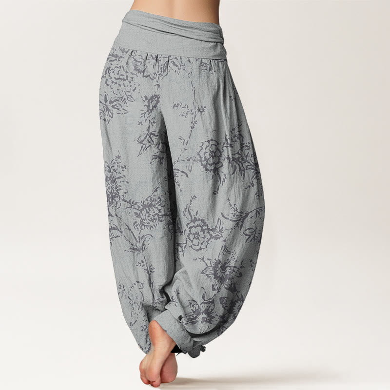 Buddha Stones Pure Cotton Flowers Pattern Women's Elastic Waist Harem Pants