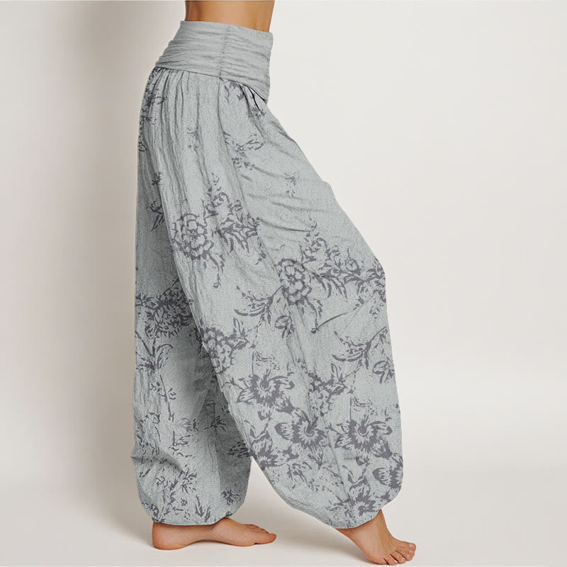 Buddha Stones Pure Cotton Flowers Pattern Women's Elastic Waist Harem Pants