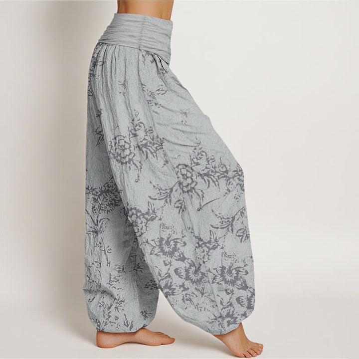 Buddha Stones Pure Cotton Flowers Pattern Women's Elastic Waist Harem Pants