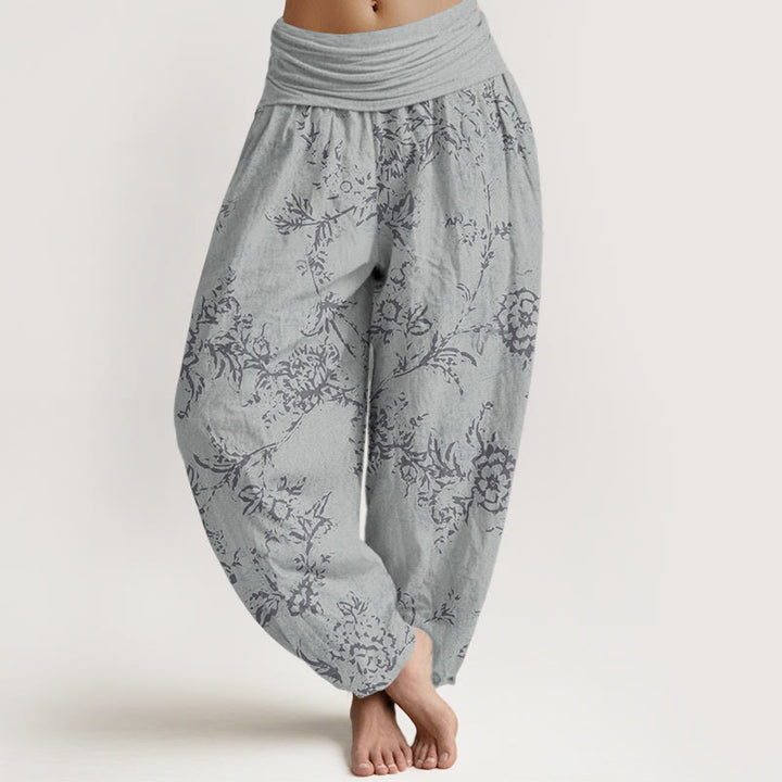 Buddha Stones Pure Cotton Flowers Pattern Women's Elastic Waist Harem Pants