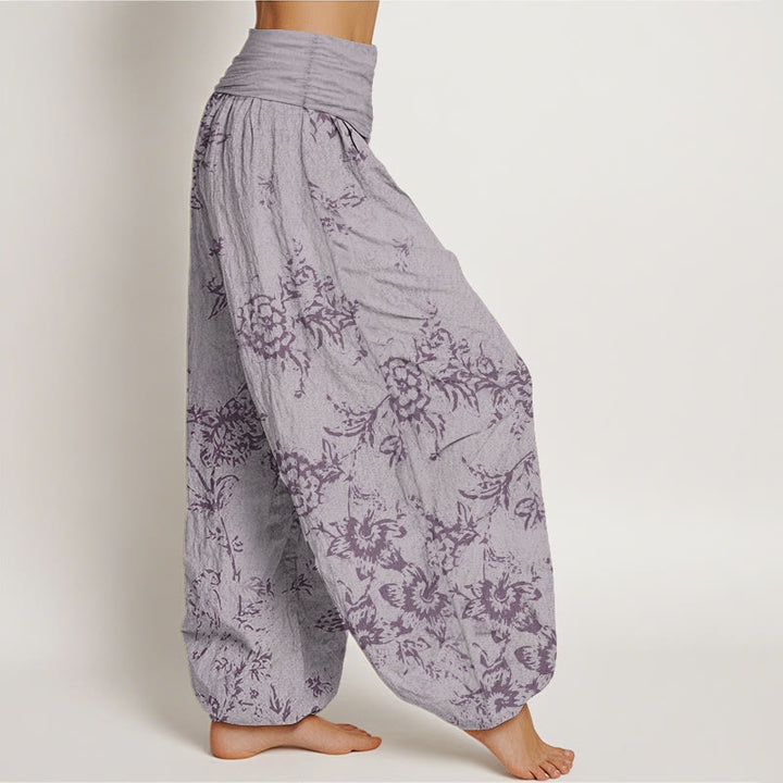 Buddha Stones Pure Cotton Flowers Pattern Women's Elastic Waist Harem Pants