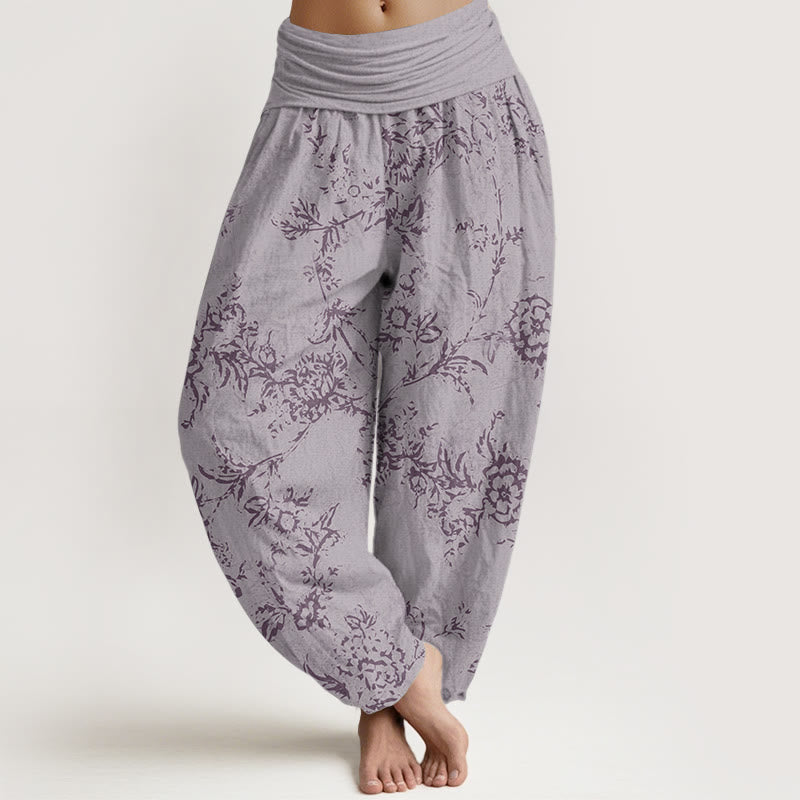 Buddha Stones Pure Cotton Flowers Pattern Women's Elastic Waist Harem Pants