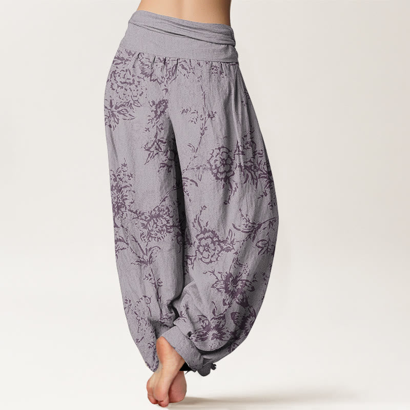 Buddha Stones Pure Cotton Flowers Pattern Women's Elastic Waist Harem Pants