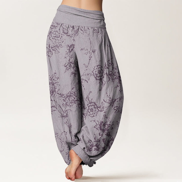 Buddha Stones Pure Cotton Flowers Pattern Women's Elastic Waist Harem Pants