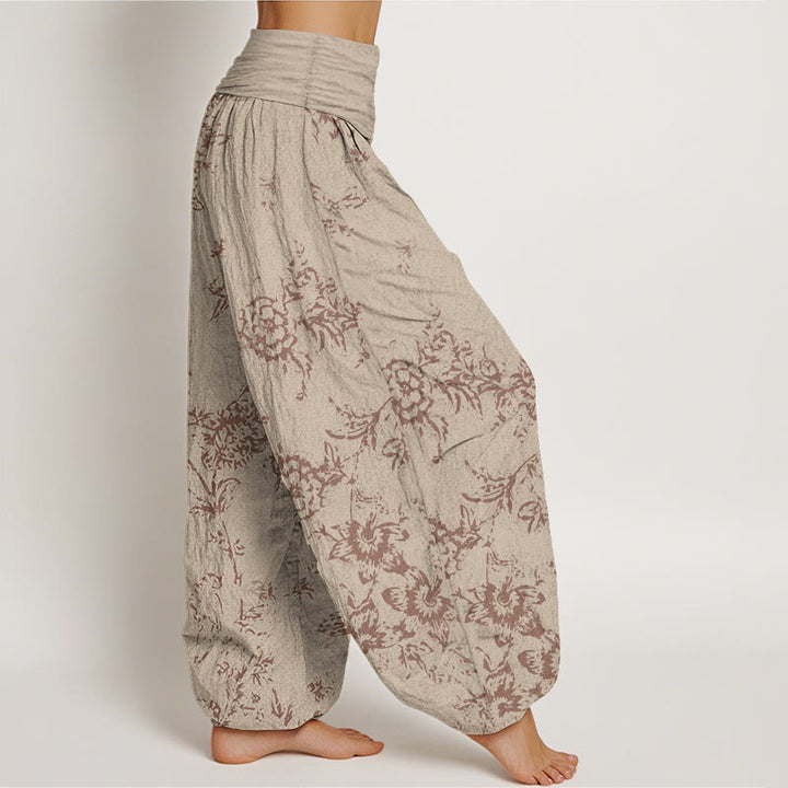 Buddha Stones Pure Cotton Flowers Pattern Women's Elastic Waist Harem Pants