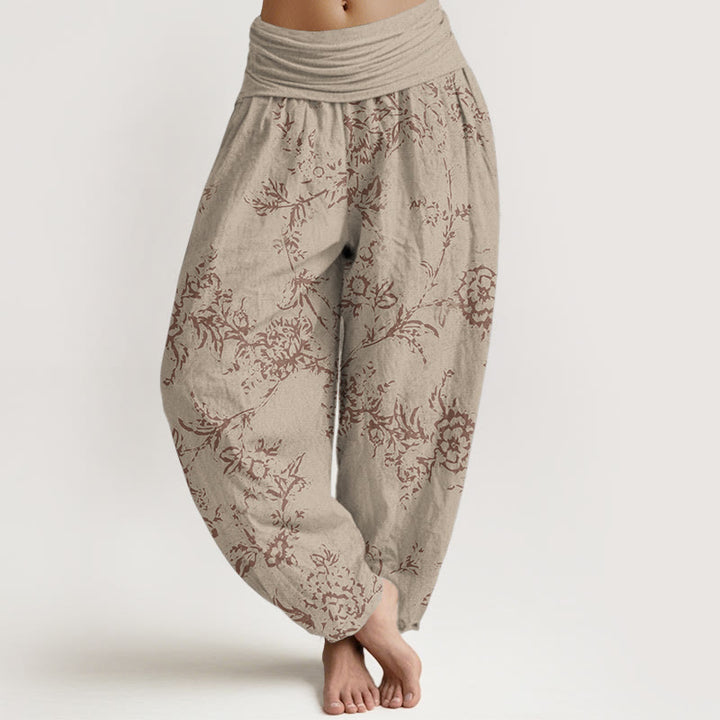 Buddha Stones Pure Cotton Flowers Pattern Women's Elastic Waist Harem Pants