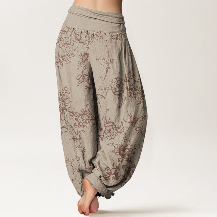 Buddha Stones Pure Cotton Flowers Pattern Women's Elastic Waist Harem Pants
