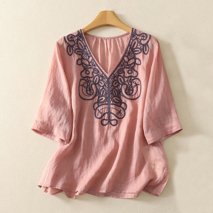 Buddha Stones Embroidered V-neck Casual Women's Half Sleeve T-shirt - LightCoral - US14，UK/AU18，EU46 (2XL) - image 12