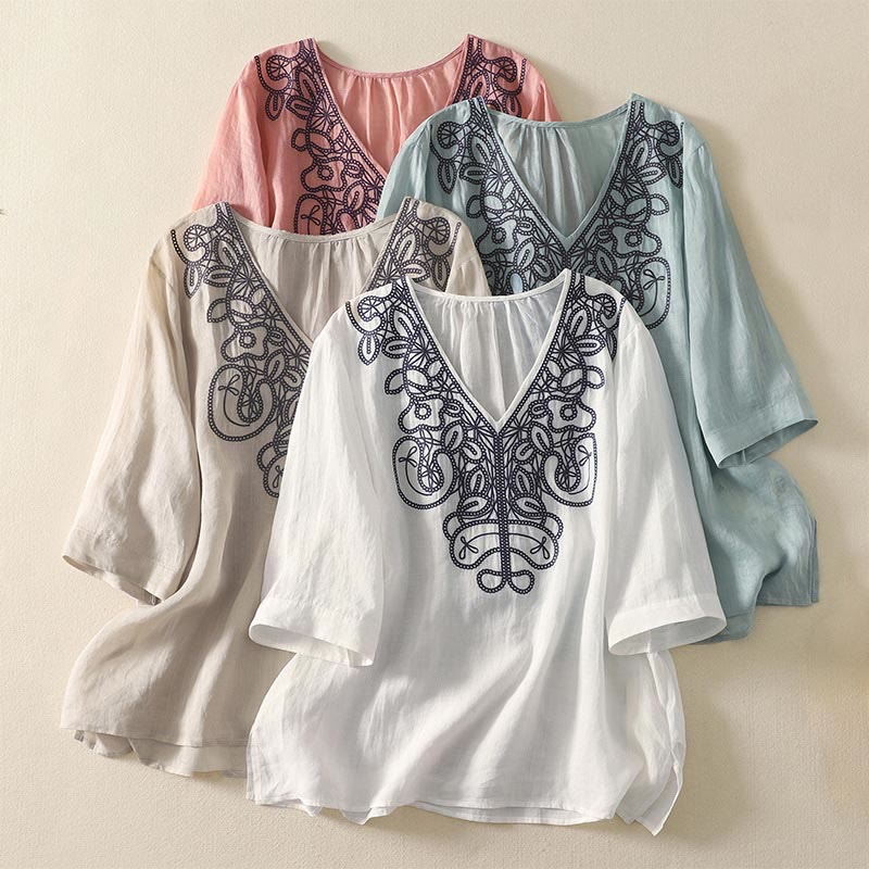 Buddha Stones Embroidered V-neck Casual Women's Half Sleeve T-shirt - image 28