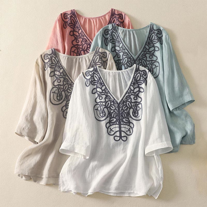 Buddha Stones Embroidered V-neck Casual Women's Half Sleeve T-shirt - image 28