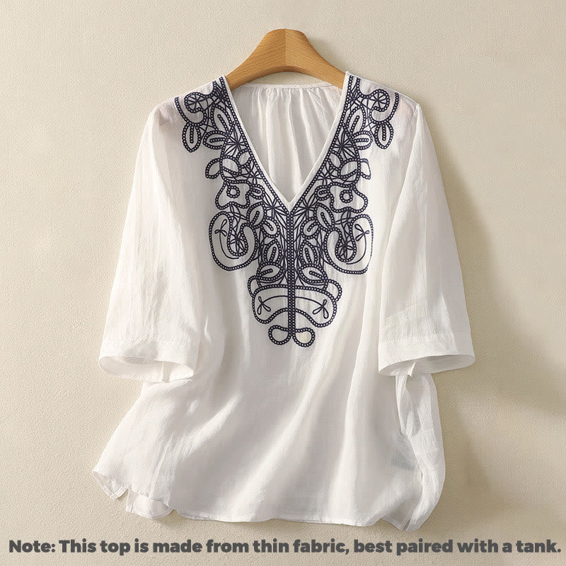 Buddha Stones Embroidered V-neck Casual Women's Half Sleeve T-shirt - image 19