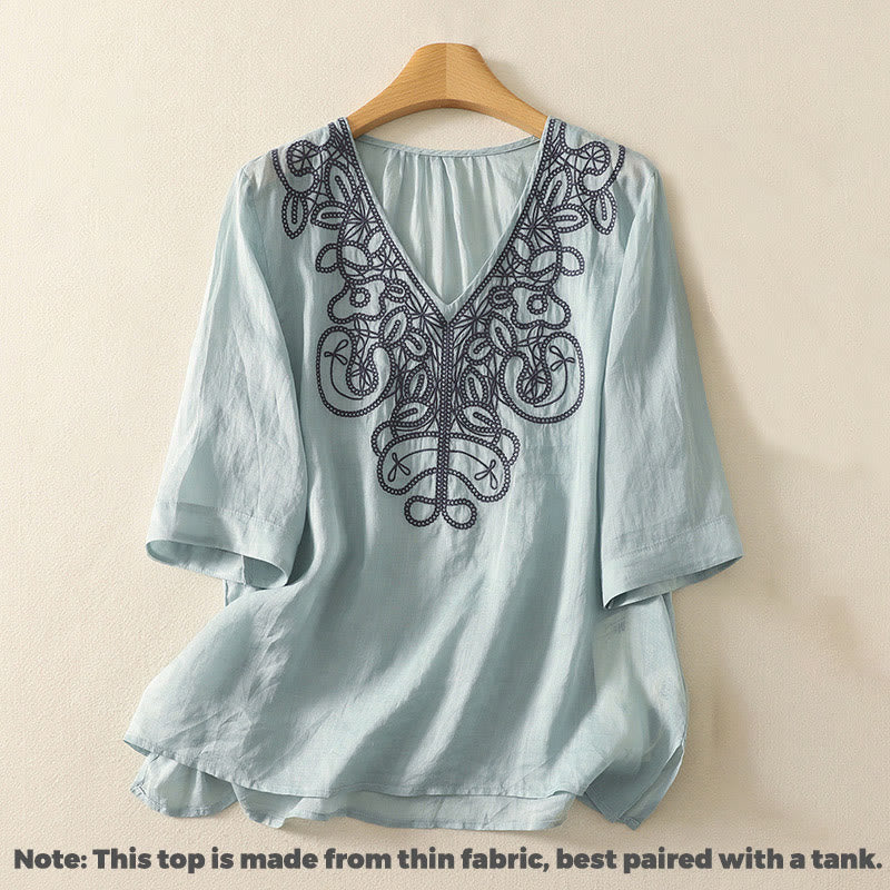 Buddha Stones Embroidered V-neck Casual Women's Half Sleeve T-shirt - image 7