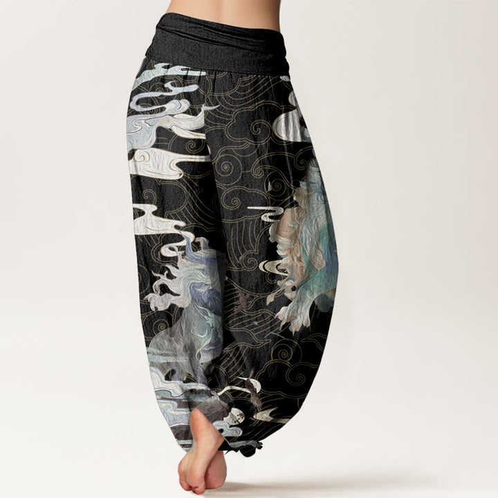 Buddha Stones Pure Cotton PiXiu Auspicious Clouds Pattern Women's Elastic Waist Harem Pants