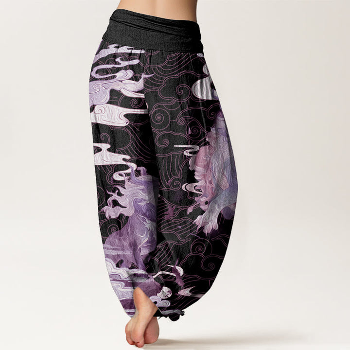 Buddha Stones Pure Cotton PiXiu Auspicious Clouds Pattern Women's Elastic Waist Harem Pants