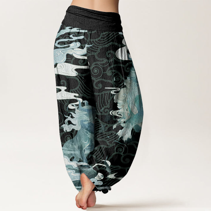 Buddha Stones Pure Cotton PiXiu Auspicious Clouds Pattern Women's Elastic Waist Harem Pants
