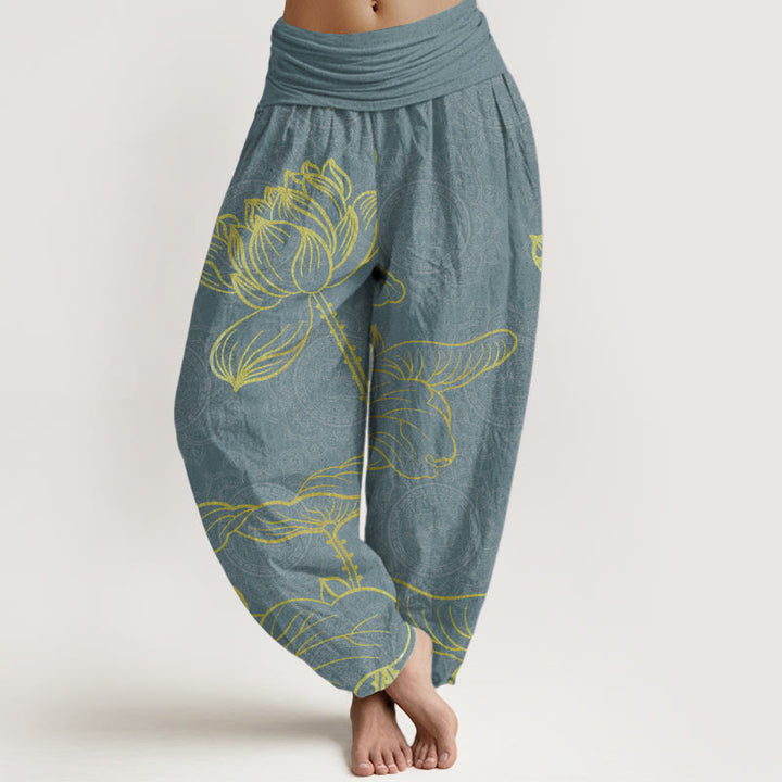 Buddha Stones Pure Cotton Golden Lotus Mandala Pattern Women's Elastic Waist Harem Pants
