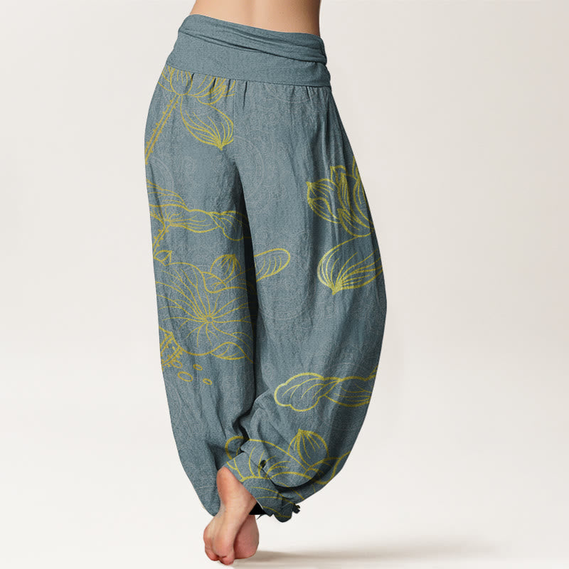 Buddha Stones Pure Cotton Golden Lotus Mandala Pattern Women's Elastic Waist Harem Pants