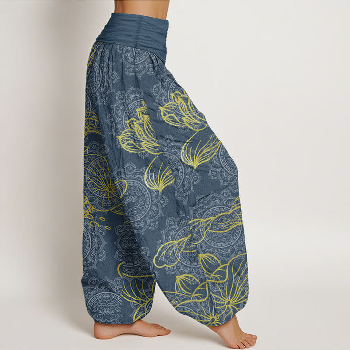 Buddha Stones Pure Cotton Golden Lotus Mandala Pattern Women's Elastic Waist Harem Pants