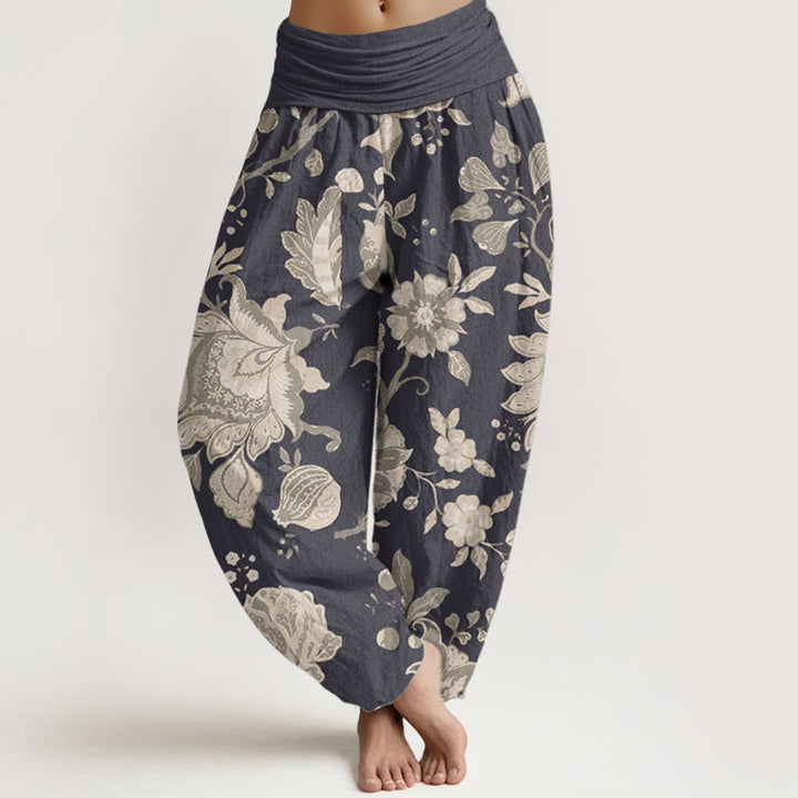 Buddha Stones Pure Cotton Casual Peony Women's Elastic Waist Harem Pants