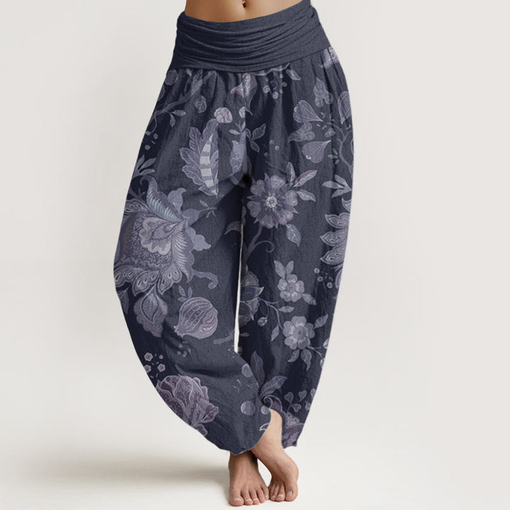 Buddha Stones Pure Cotton Casual Peony Women's Elastic Waist Harem Pants