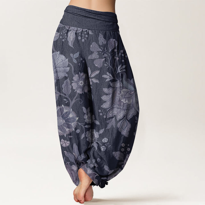 Buddha Stones Pure Cotton Casual Peony Women's Elastic Waist Harem Pants