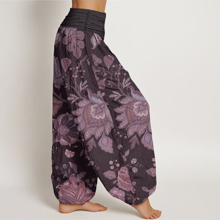 Buddha Stones Pure Cotton Casual Peony Women's Elastic Waist Harem Pants