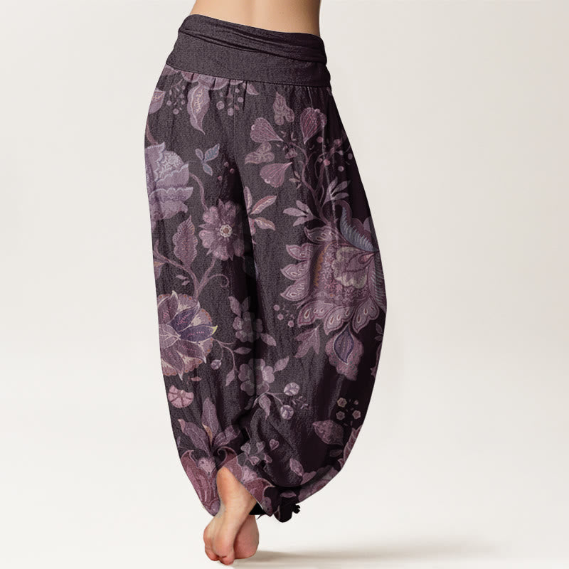 Buddha Stones Pure Cotton Casual Peony Women's Elastic Waist Harem Pants