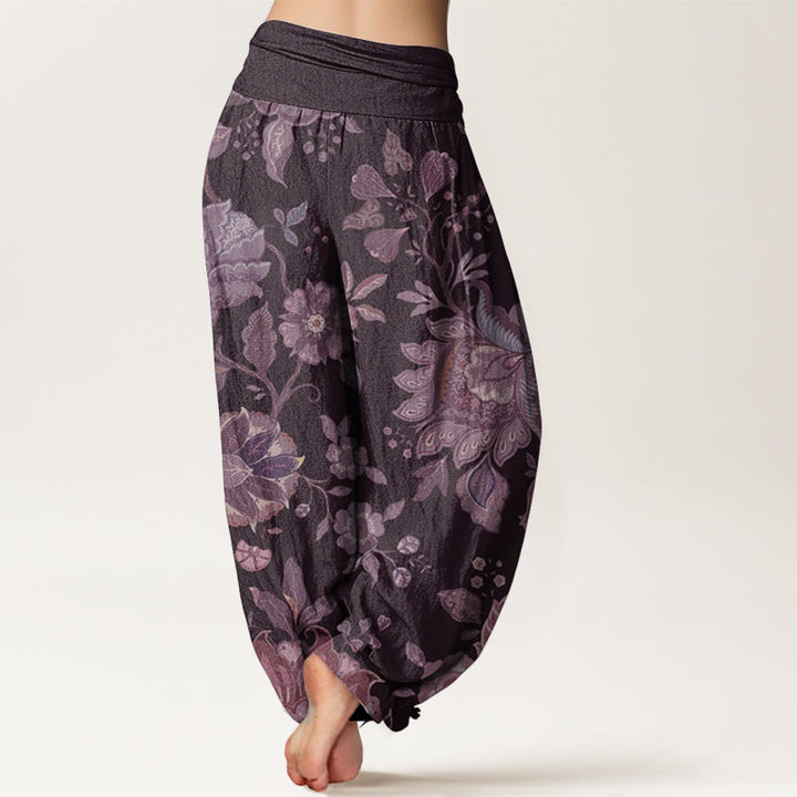 Buddha Stones Pure Cotton Casual Peony Women's Elastic Waist Harem Pants