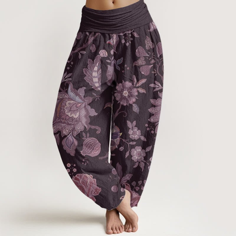 Buddha Stones Pure Cotton Casual Peony Women's Elastic Waist Harem Pants