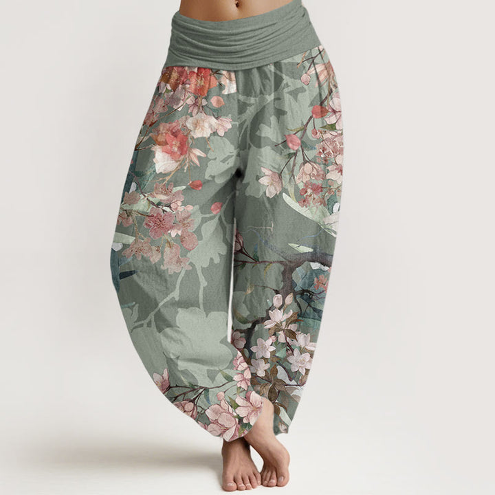 Buddha Stones Pure Cotton Red Pink Blooming Flowers Lush Branches Women's Elastic Waist Harem Pants