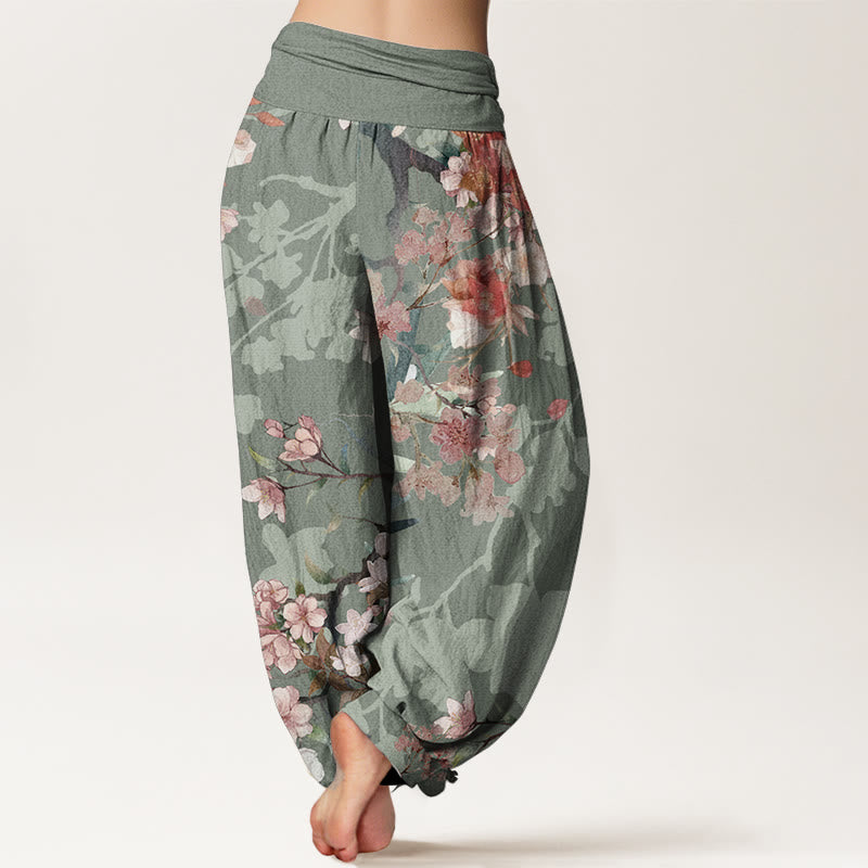 Buddha Stones Pure Cotton Red Pink Blooming Flowers Lush Branches Women's Elastic Waist Harem Pants
