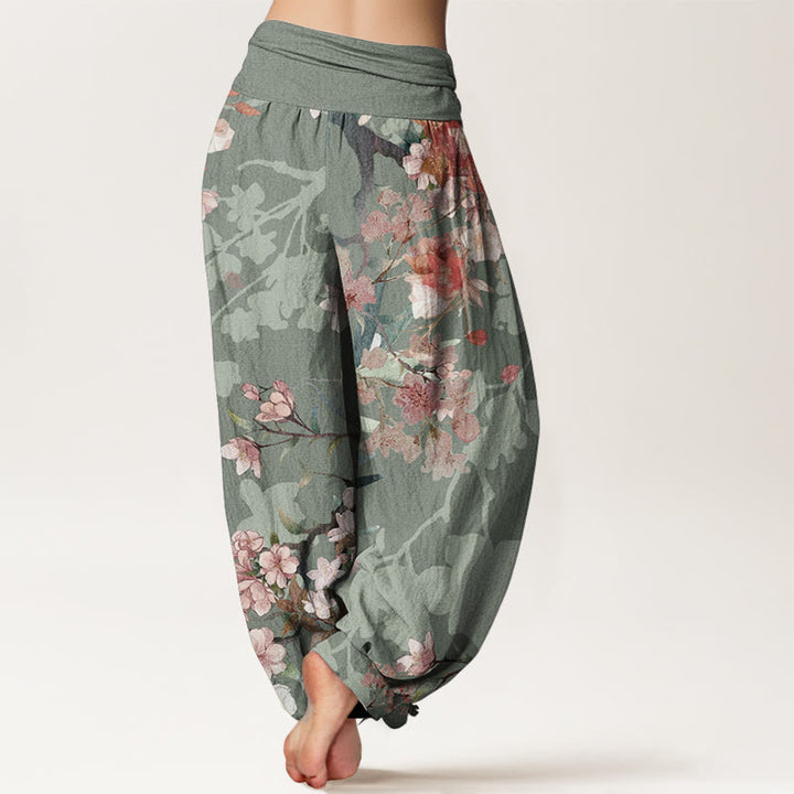 Buddha Stones Pure Cotton Red Pink Blooming Flowers Lush Branches Women's Elastic Waist Harem Pants