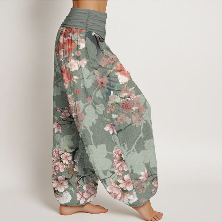 Buddha Stones Pure Cotton Red Pink Blooming Flowers Lush Branches Women's Elastic Waist Harem Pants