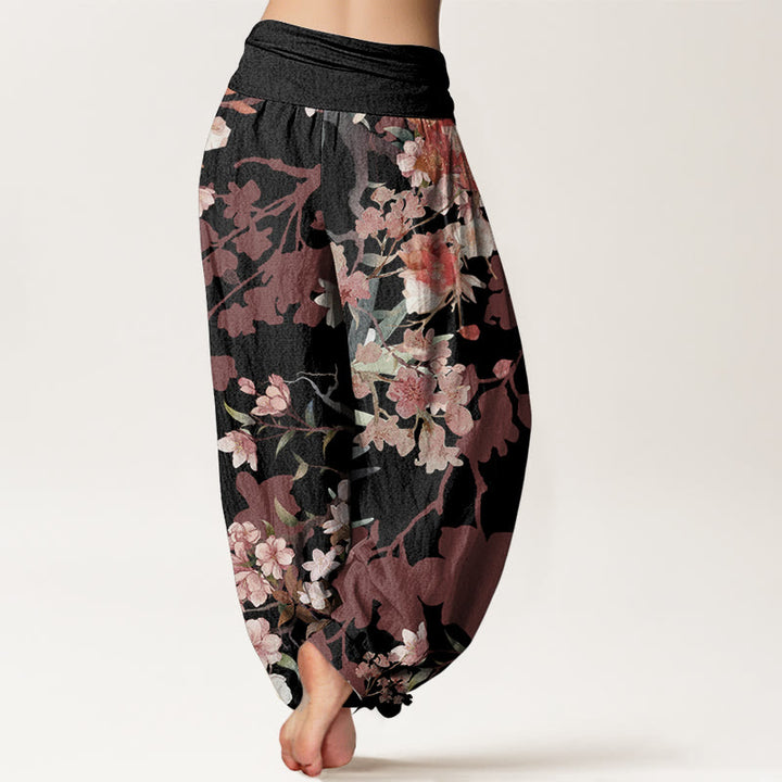 Buddha Stones Pure Cotton Red Pink Blooming Flowers Lush Branches Women's Elastic Waist Harem Pants
