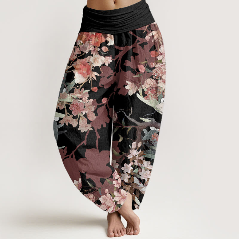 Buddha Stones Pure Cotton Red Pink Blooming Flowers Lush Branches Women's Elastic Waist Harem Pants