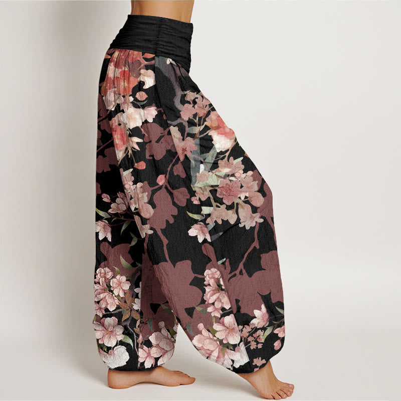 Buddha Stones Pure Cotton Red Pink Blooming Flowers Lush Branches Women's Elastic Waist Harem Pants
